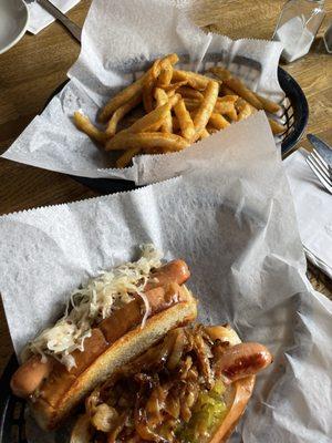 Sauerkraut dog (upper left) and "Wallingford" dog (lower right)