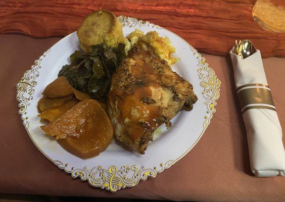 Dinner: baked chicken,mac & cheese, yams, greens, cornbread