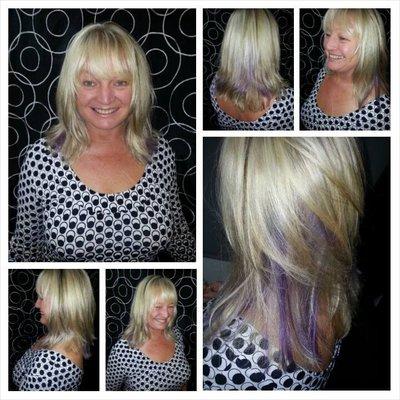 Carolyn ~ All over root touch up with Icy blonde hi-lites and just a few Purple slices. Textured Rocker Shag. www.zensalonatthelanding.com