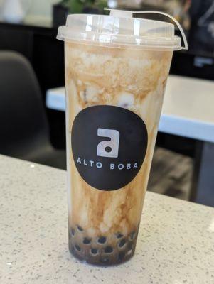 Brown Sugar Fresh Milk with oat milk and boba, 50% sweet. It is a no caffeine drink and the boba was amazing!