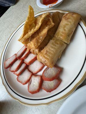 Egg rolls, pork and  fried won ton appetizer.