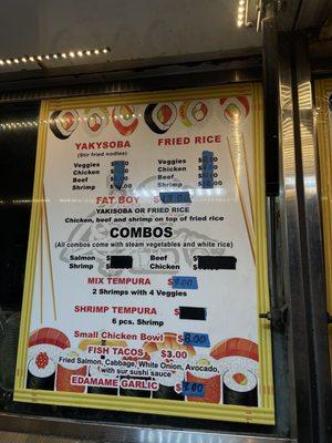 Only showing prices for the combos and fried rice...