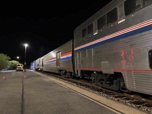 An evening stop in Tucson Arizona- view of our sleeper car followed the baggage car.