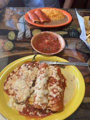 Beef enchiladas and Chile releno with beef and cheese enchiladas