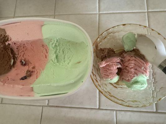 Pistachio flavored, spumoni fruit  & chocolate ice cream