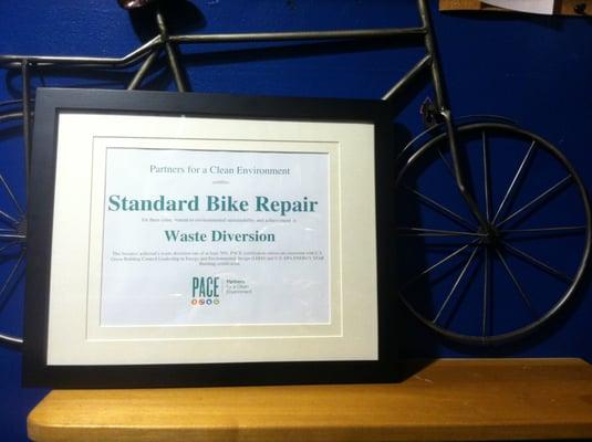 Partners for a Clean Environment came in, did an audit and recognized our bike shop.