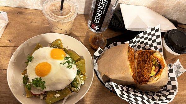 Green chilaquiles with a fried egg and a torta of chilaquiles with chorizo