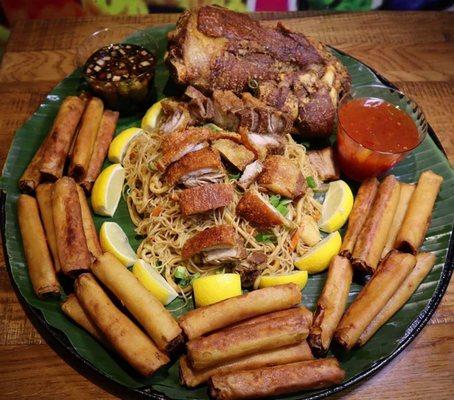 SUPER BUSOG TRIO: Crispee Pata, Pansit topped with Crispee Pork Bellies and Lumpiang Shanghail