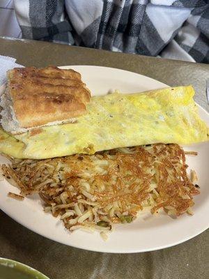 Veggie Omelette w/hash browns and biscuit warmed on the griddle