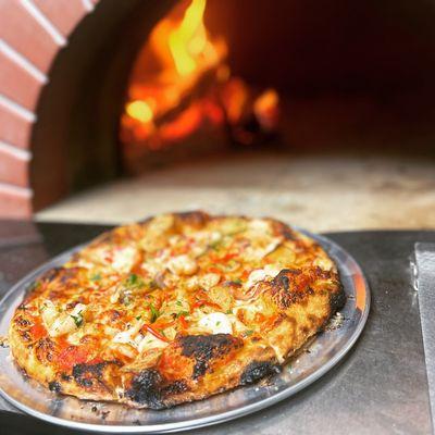 Shrimp Pizza - comes with  mushrooms, roasted potatoes, onions, fresno chiles, cherry tomatoes