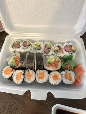 Not brown rice. Michigan roll, salmon roll, tuna avocado roll.