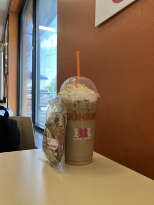 Vanilla Frosted Donut Iced Signature Latte & Chocolate Chunk Cookie