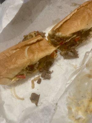 Cheesesteak with Whiz, Onions, and Red Peppers