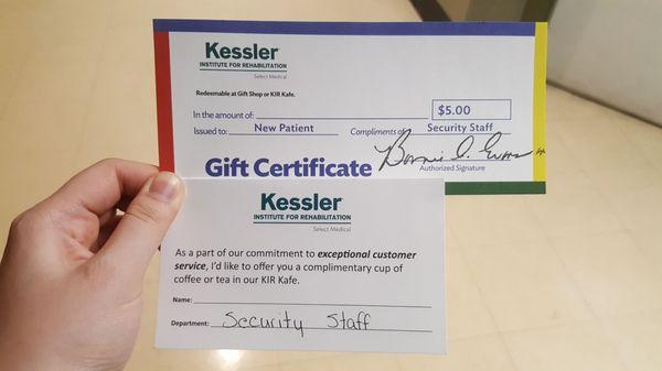 2 complimentary coffee/tea + gift certificate in the welcome envelope for patients. Nice of them.