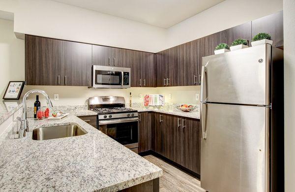 Staged kitchen with hardwood style flooring, stainless steel appliances, and quartz countertops.