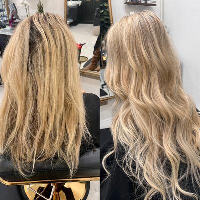 Before and after work custom color and tape in extensions