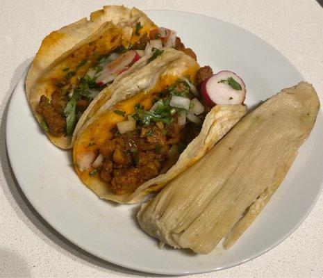 El Pastor Tacos & chicken tamale