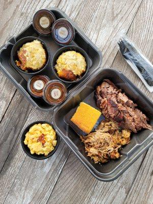 3 Meat Sampler: Double Brisket and Pulled Pork with Double Baked Cheesy Potatoes and 1 side of Mac & Cheese