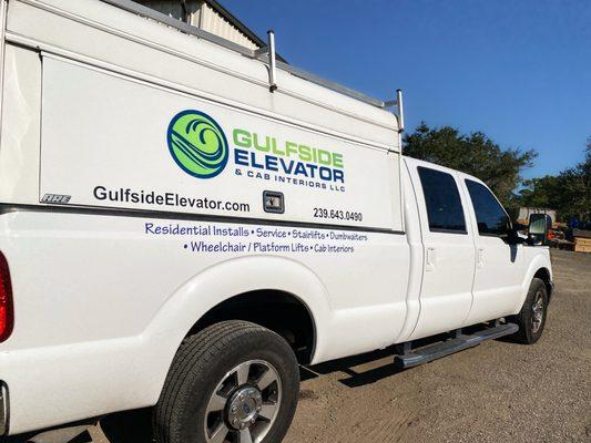 Elevator installation and service truck. Gulfside Elevator.