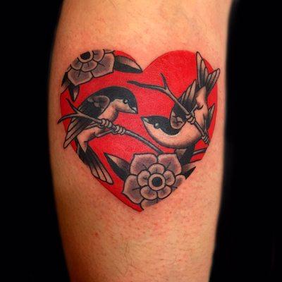 Birds in heart tattoo by Matt Klass