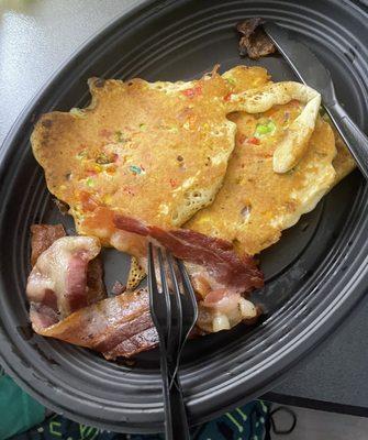 Takeaway Kid's Confetti Pancakes with bacon--kids love breakfast for dinner at a motel!