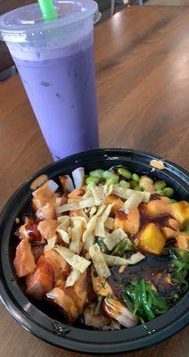 A Small SeaFood Lover Bowl. With a Taro Boba tea.