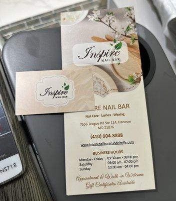 Inspire Nail Bar Menu and Card