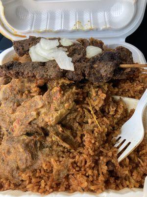 Jollof rice with goat Meat and 2 suya kebe