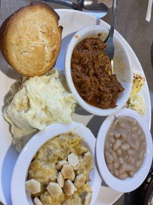 BBQ pork, great northern beans, squash casserole, potato salad and deviled eggs with cornbread.