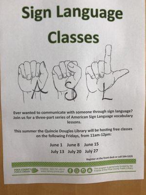 Sign language classes offered summer 2018 at Quincie Douglas Library