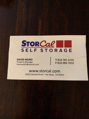 Business card of manager from StorCal Self Storage.