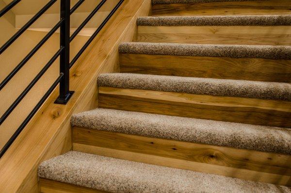 Hickory wood and carpet on stairs