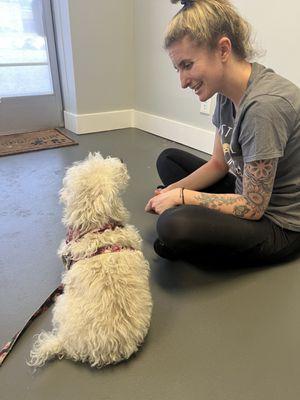 Our First Visit: My anxious 13-year-old dog being an absolute angel around Autumn (owner). She might be a dog whisperer