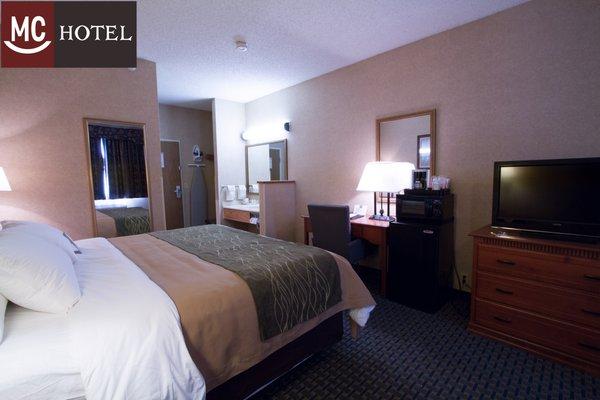 Our Standard King Room has a microwave, fridge, desk, chair and flat screen TV