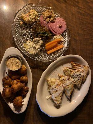 Relish Tray, Cheesy Crab Toast, Hush Puppies