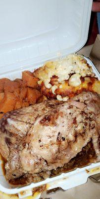 Turkey wings (atop amazing dressing), yams, and mac & cheese