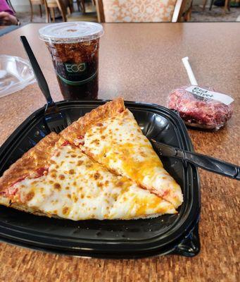 Cheese pizza and red velvet cake donut. Diet Pepsi