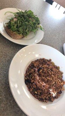 Avocado toast, izzio fruit and nut granola