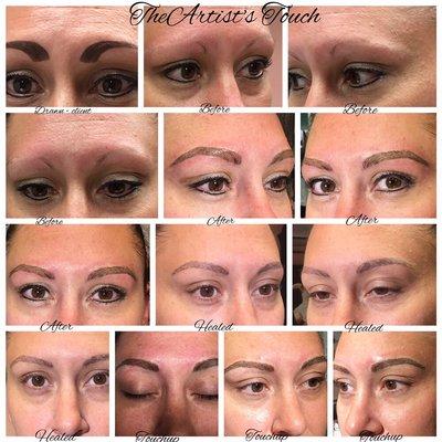 3D Eyebrow Micro blading. - Before (drawn by client), natural, after procedure, healed & after touchup at The Artist's Touch, La Jolla