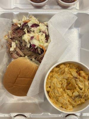 Pulled Pork Sandwich (with Coleslaw on top & a small side of Macaroni & Cheese)