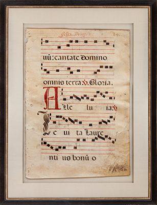 Antiphonal, 1600. Original manuscript on vellum floated in a closed corner frame. Framed to conservation standards with archival materials.