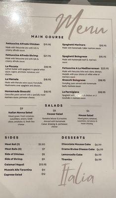 Menu as of May 2023 - Italian