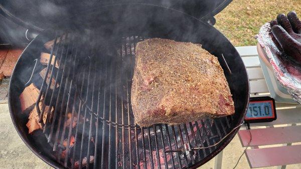 Dino Rack rubbed in SPG and smoked with Pecan and Apple wood.