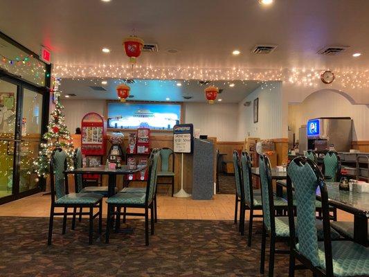 Inside of the restaurant, dolled up with Xmas lights