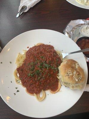 Homemade spaghetti with homemade garlic knot bread