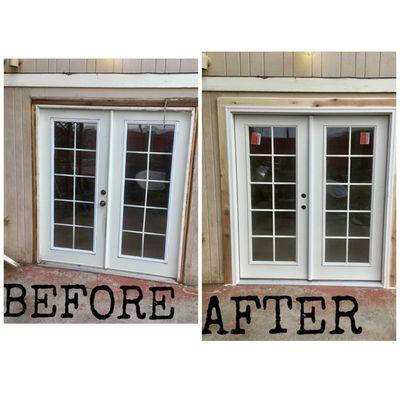 Before and after pictures of a new Therma-Tru fiberglass French doors and trim!  Time to upgrade to new door before winter weather hits!