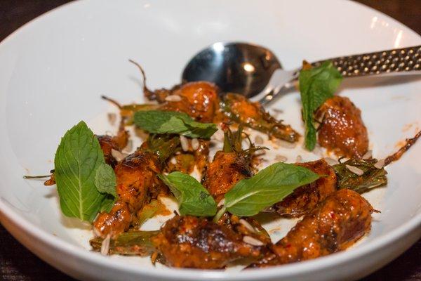 Harissa Carrots : Wood Chip Roasted Thumbelina Carrots, Harissa, Sunflower Seeds, Mint Leaves & Toasted Coriander Cream. Sweet, yam-like