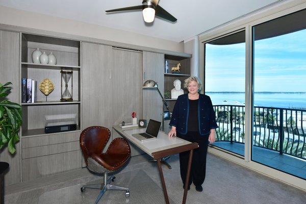 Murphy Bed home office material:  Driftwood melamine. Fold out table desk, and side units