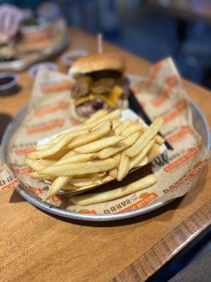 Bo-Hawg Stacker with French fries.