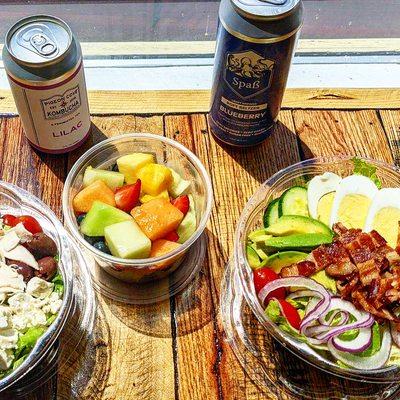 Cobb salad, fruit salad, greek salad